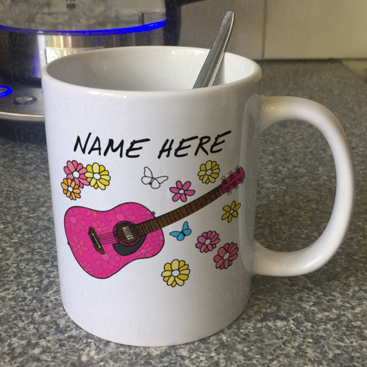 Floral Acoustic Guitar Personalised Mug - Custom Guitar Mug - Guitarist Gift For Her