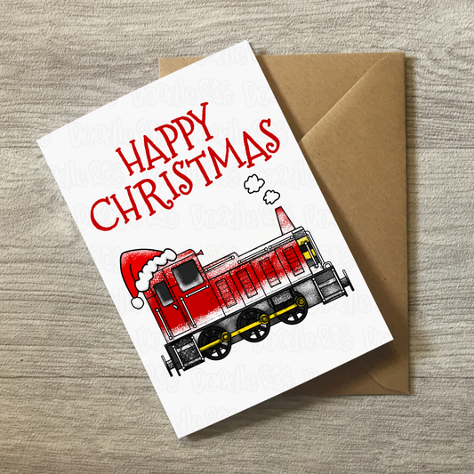 Diesel Train Christmas Card - Train With Santa Hat - Diesel Locomotive Xmas Card