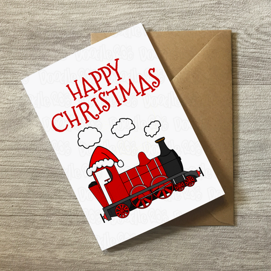 Steam Train Christmas Card - Train With Santa Hat - Steam Locomotive Xmas Card