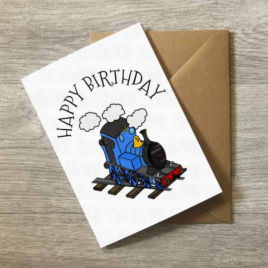 Train Birthday Card (Blue) - Steam Locomotive Greeting Card