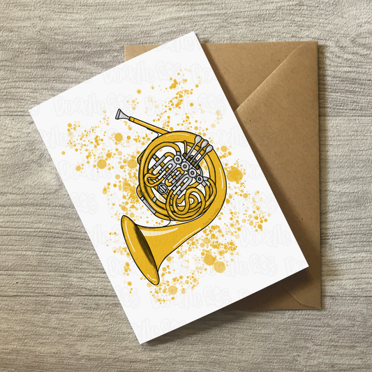 French Horn Greeting Card (Paint Splatter) - Horn Player Birthday Card - Brass Musician Card