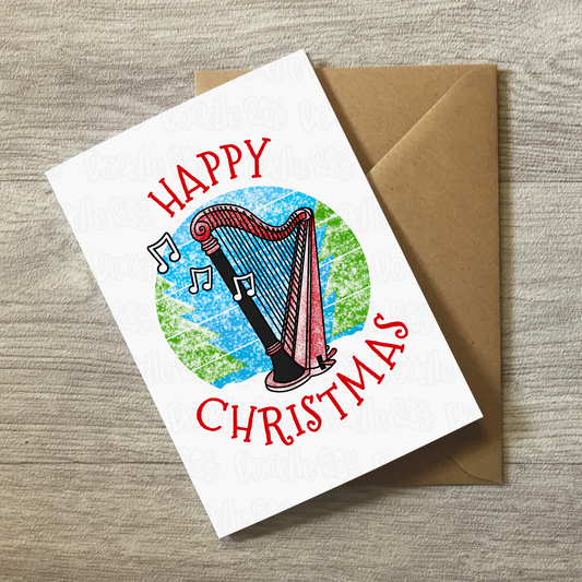 Harp Christmas Card - Harpist Greeting Card - String Musician Xmas Card