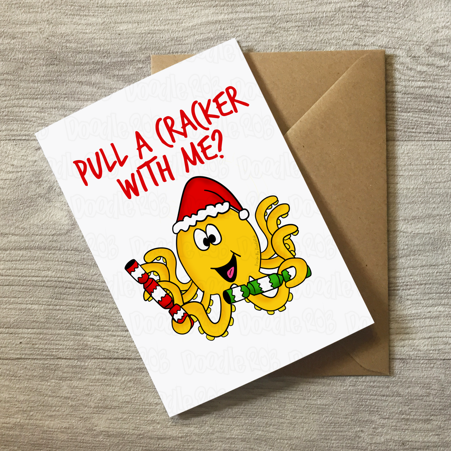 Octopus Christmas Card - Pull A Cracker With Me - Funny Animal Xmas Card