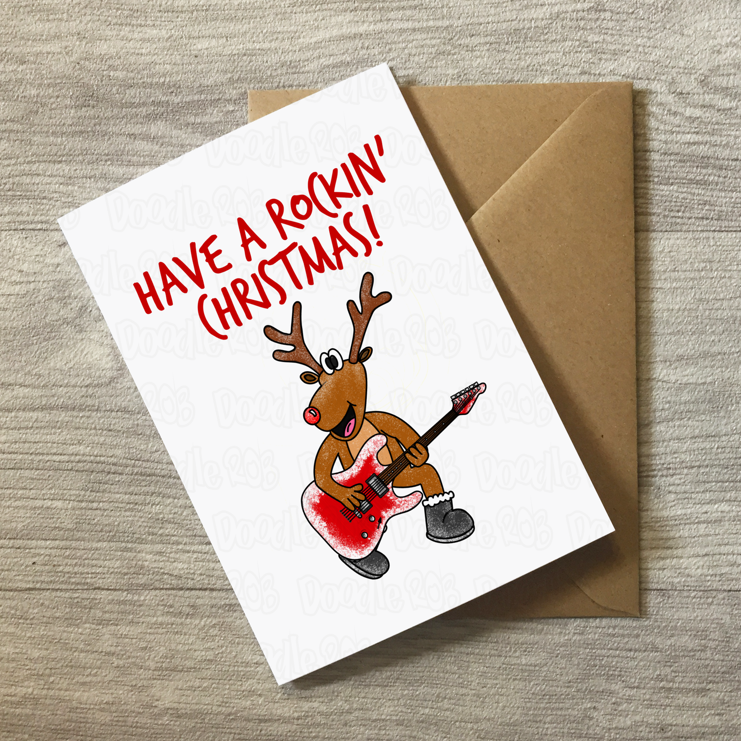 Guitarist Christmas Card - Rudolf The Reindeer Playing Electric Guitar - Musician Xmas Card