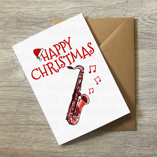 Saxophone Christmas Card (Santa Hat) - Saxophonist Xmas Card - Sax Player Card