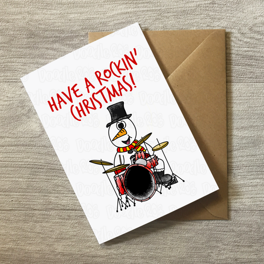 Drummer Christmas Card - Snowman Playing Drums - Drum Teacher Xmas Card