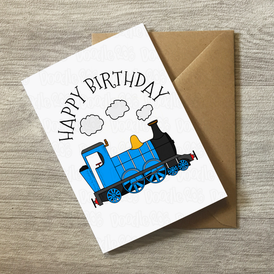 Train Birthday Card (Blue) - Steam Train Card - Rail Enthusiast Greeting Card