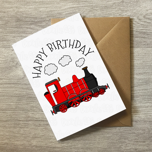 Train Birthday Card (Red) - Steam Locomotive Card - Rail Enthusiast Greeting Card