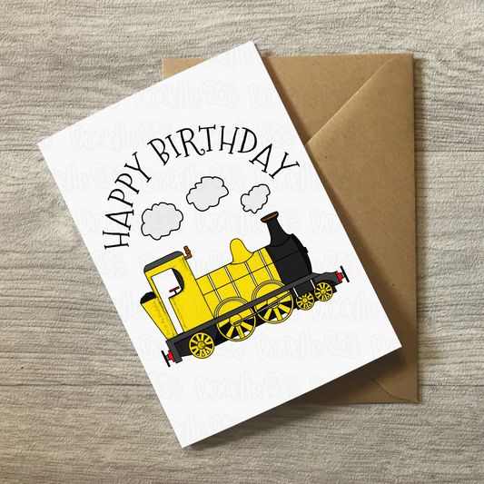 Train Birthday Card (Yellow) - Steam Train Card - Rail Enthusiast Greeting Card