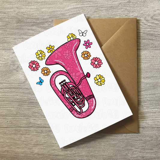 Floral Tuba Greeting Card - Female Brass Musician