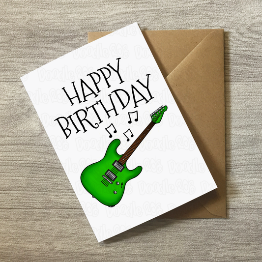 Green Electric Guitar Birthday Card - Electric Guitarist Card - Musician Greeting Card