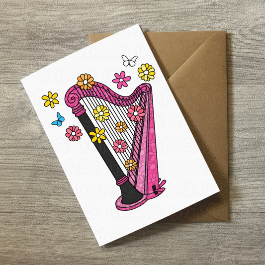 Floral Harp Greeting Card - Harpist Birthday Card - Female String Musician