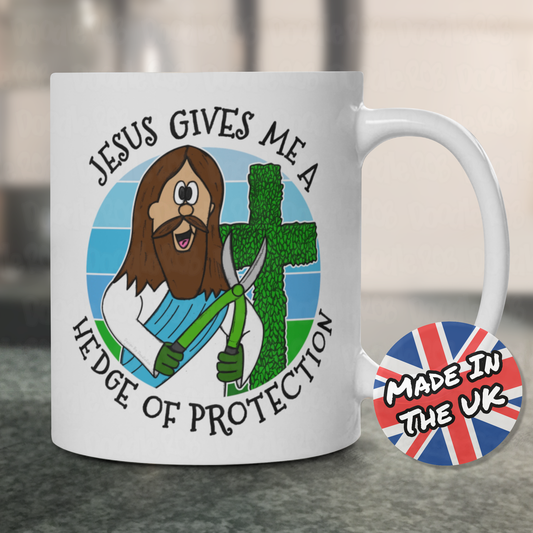 Christian Gardening Mug - Jesus Gives Me A Hedge Of Protection - Funny Church Mug