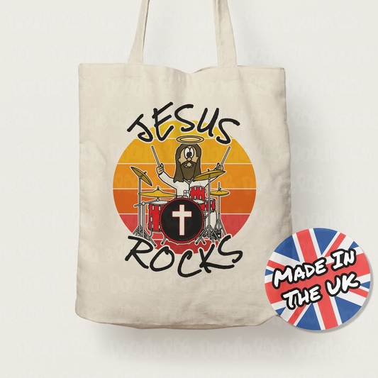 Church Drummer Tote Bag - Jesus Rocks - Jesus Playing Drums - Christian Drummer Gift