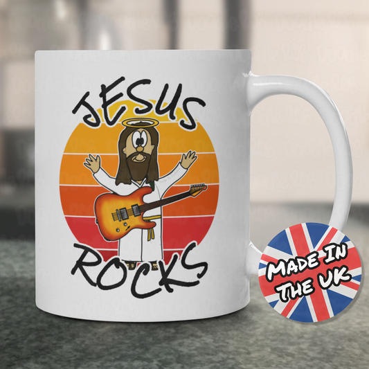 Church Guitar Mug - Jesus Rocks - Worship Guitarist Gift - Christian Electric Guitar Player