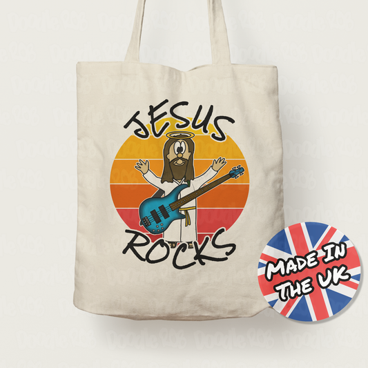 Church Bassist Tote Bag - Jesus Rocks - Christian Bass Guitarist Gift