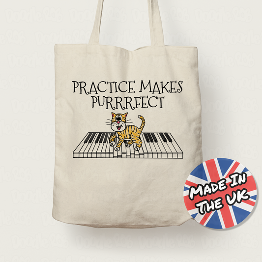 Cat Piano Tote Bag - Practice Makes Purrrfect - Pianist Tote Bag - Music Teacher Gift