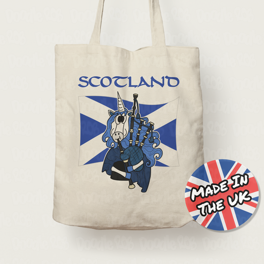 Scottish Flag Unicorn Tote Bag - Unicorn Playing Bagpipes - Funny Scotland Tote Bag - St Andrew's Day Gift