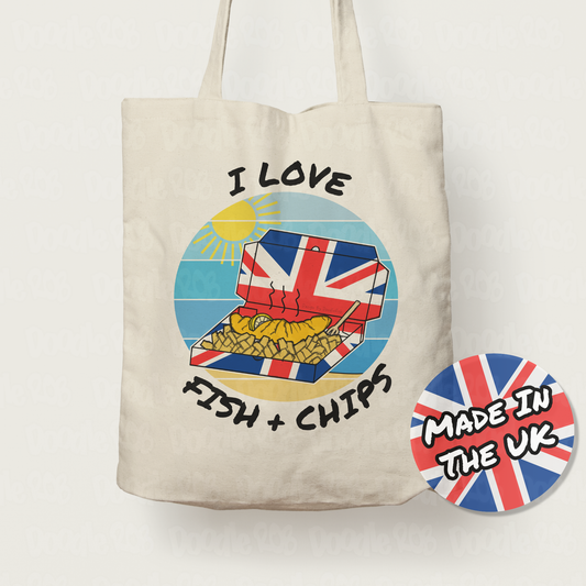 Funny Seaside Tote Bag - I Love Fish And Chips - School Holidays Gift - Summer Tote Bag