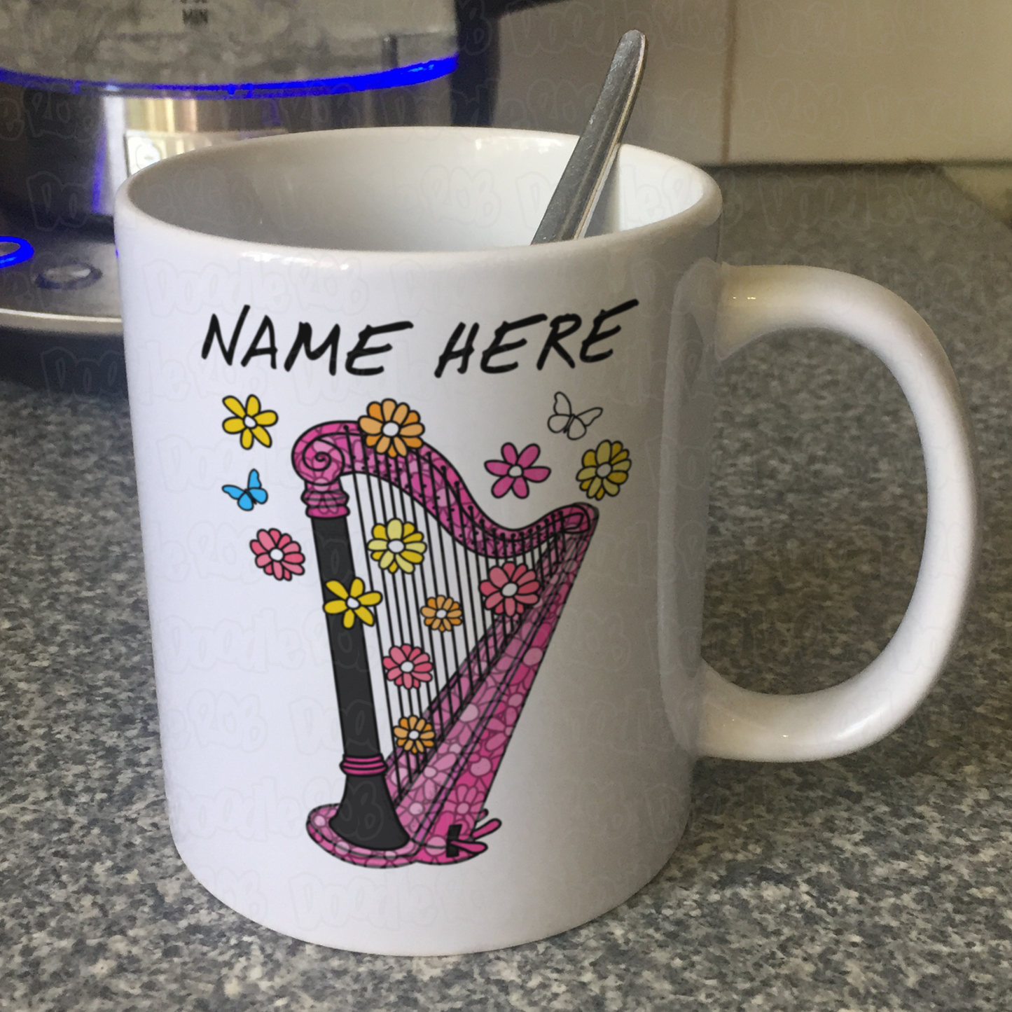 Floral Harp Personalised Mug - Harpist Custom Gift - Harp Teacher Gift