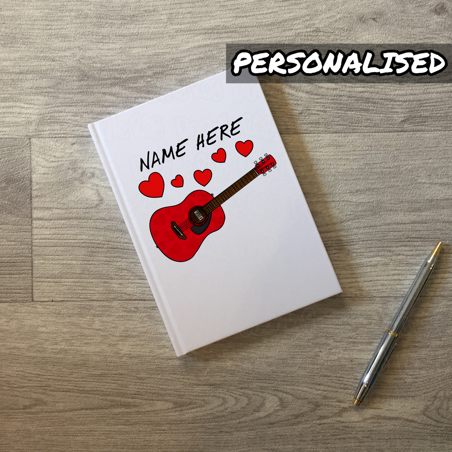 Guitar Personalised Journal (Hearts) - Guitarist Custom Notebook - Musician Anniversary Gift