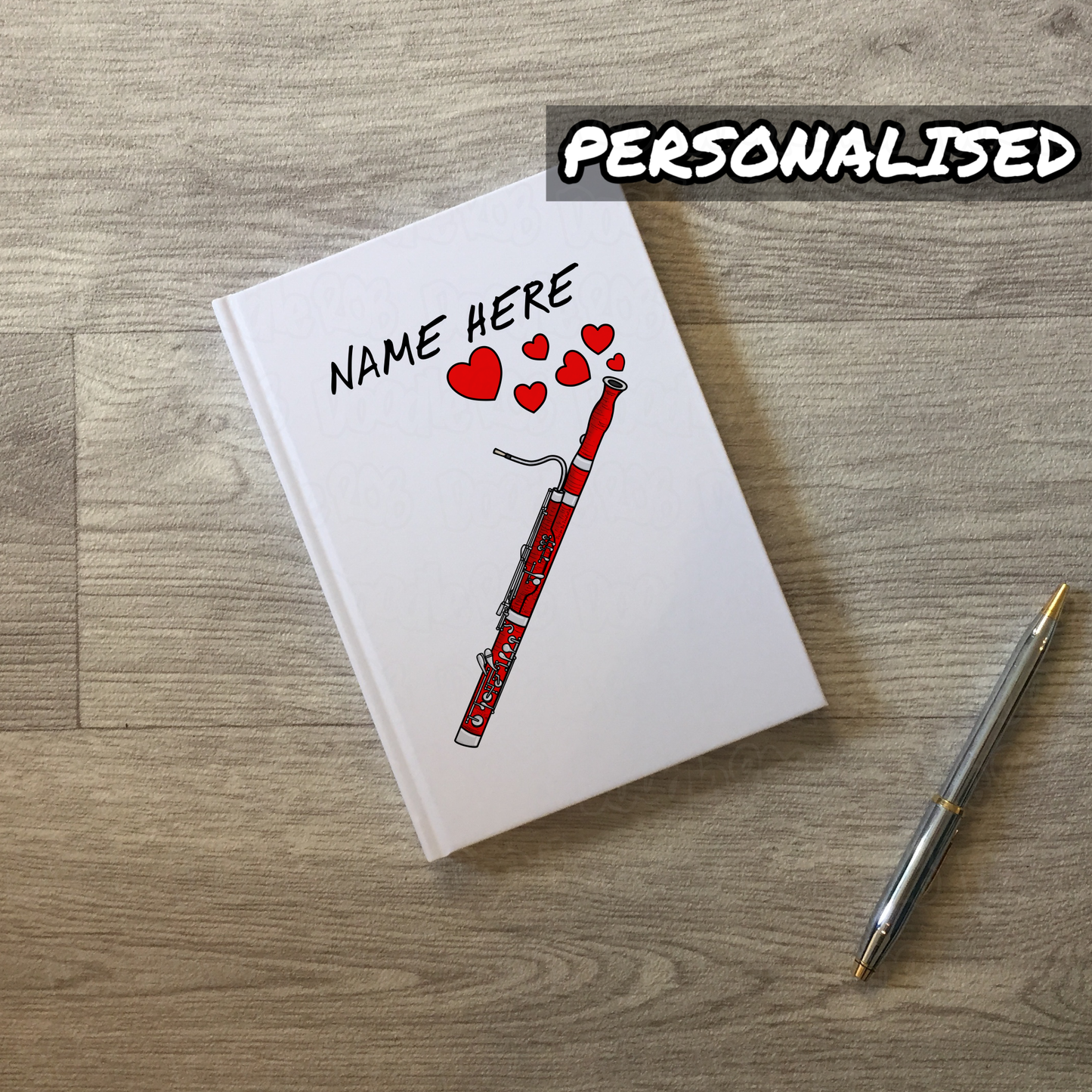 Bassoon Personalised Journal (Hearts) - Bassoonist Custom Notebook - Bassoon Valentines Gift