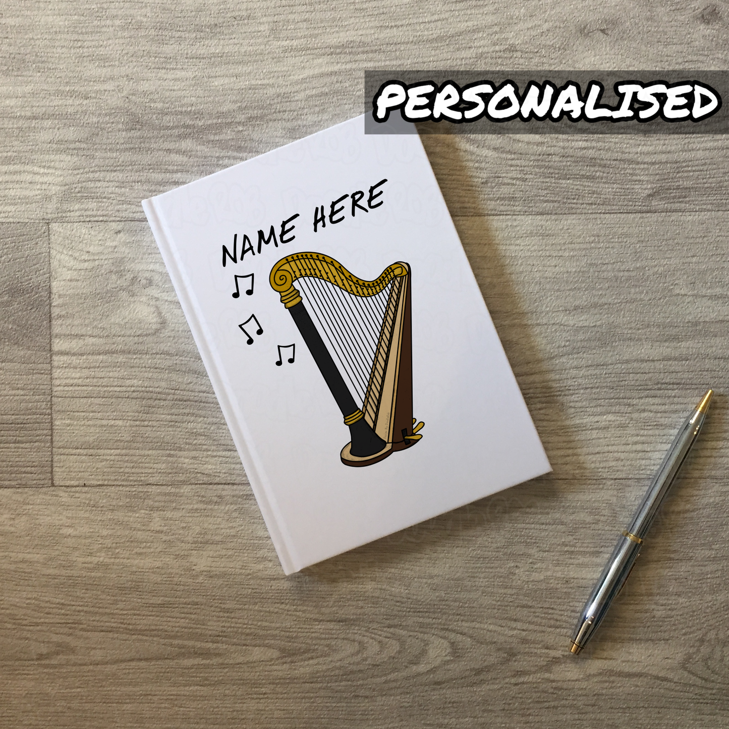 Harp Personalised Journal - Harpist Notebook - String Musician Custom Gift