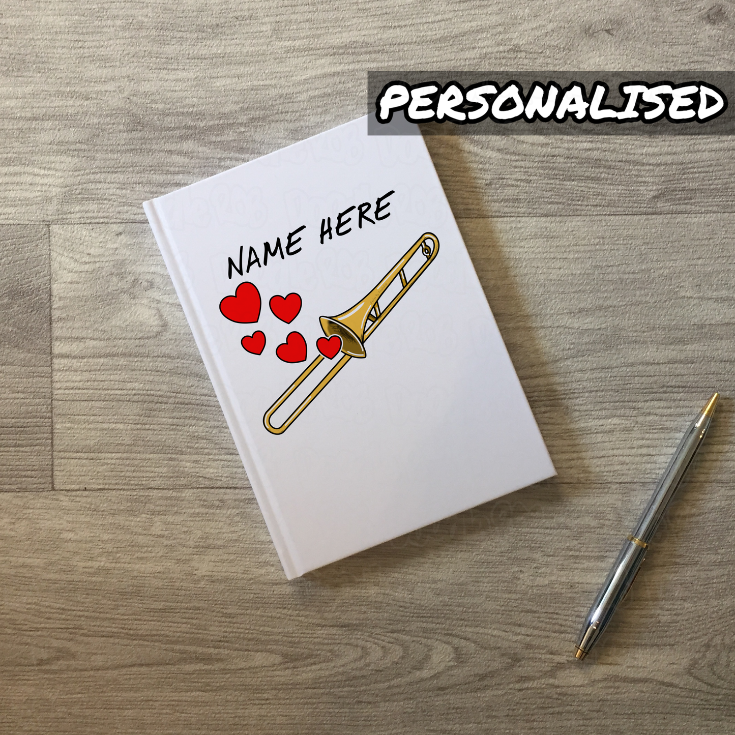 Trombone Personalised Journal (Hearts) - Trombonist Notebook - Brass Musician Valentines Gift