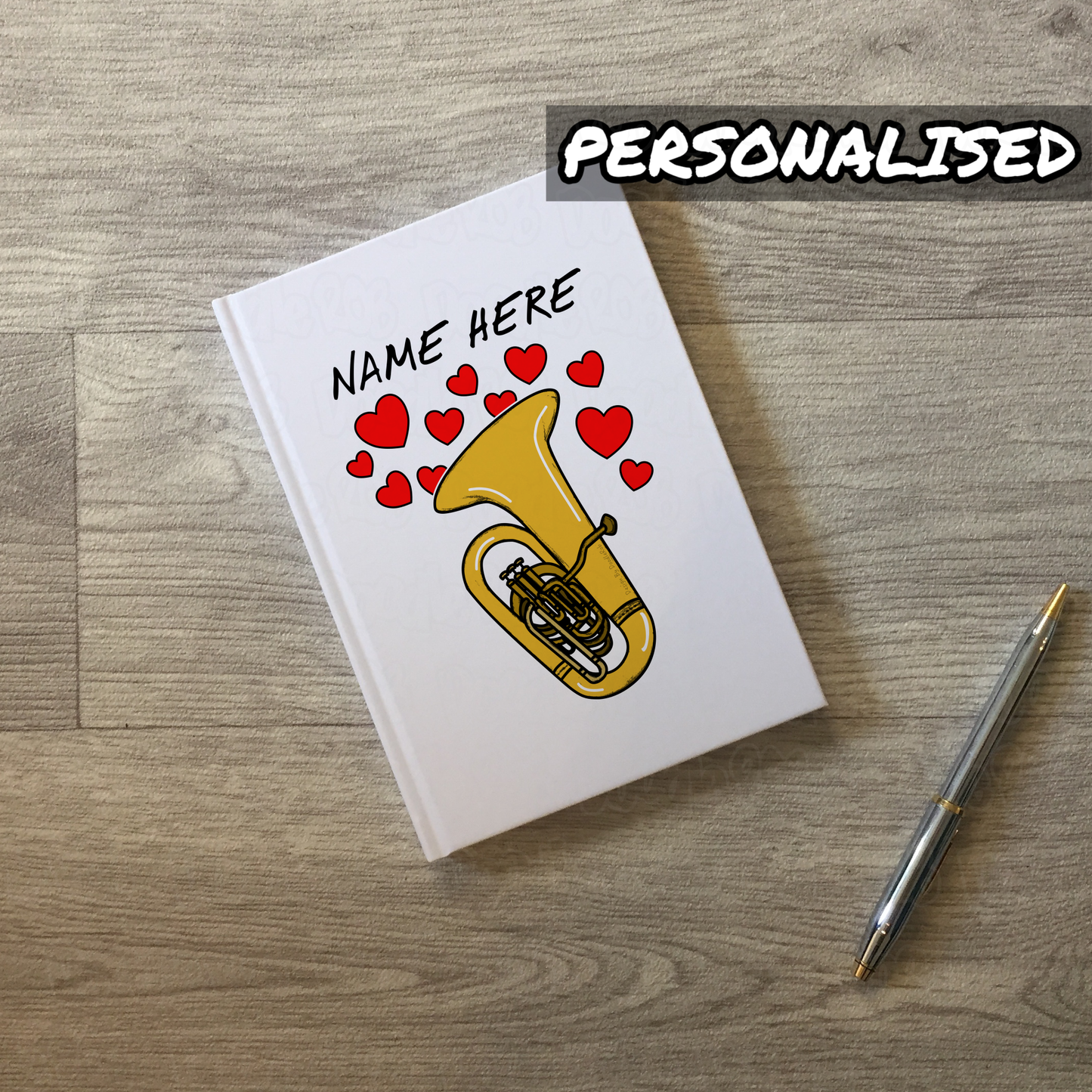 Tuba Personalised Journal (Hearts) - Tubaist Custom Notebook - Brass Musician Anniversary Gift