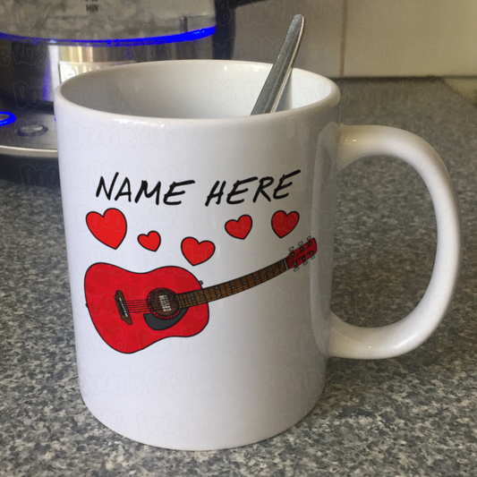 Personalised Guitar Mug (Hearts) - Guitarist Anniversary Gift - Wedding Guitarist Custom Mug