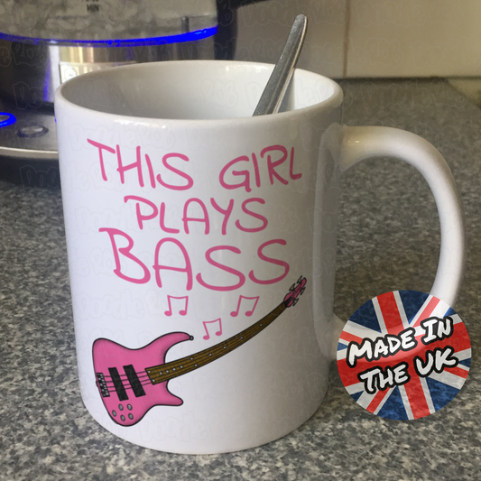 Pink Bass Guitar Mug - This Girl Plays Bass - Female Bassist Gift - Bass Guitar Gift For Girl