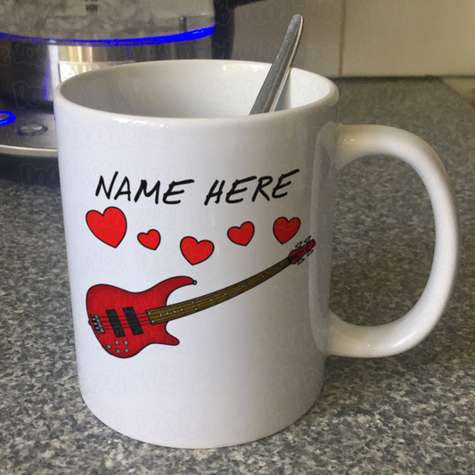 Personalised Bass Guitar Mug (Hearts) - Bassist Anniversary Gift - Wedding Musician Mug