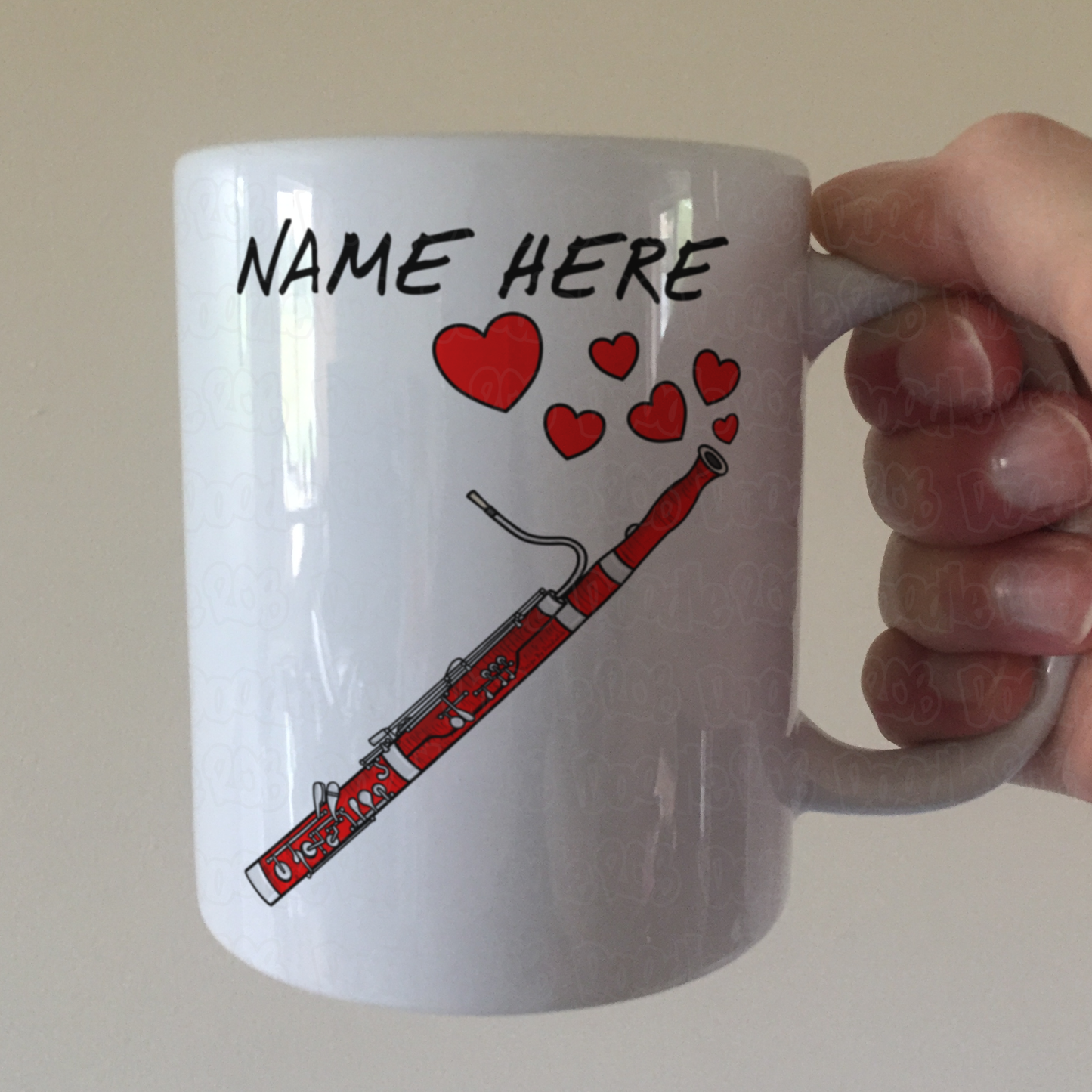 Personalised Bassoon Mug (Hearts)  - Bassoonist Anniversary Gift - Custom Woodwind Musician Mug