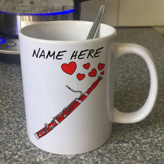 Personalised Bassoon Mug (Hearts)  - Bassoonist Anniversary Gift - Custom Woodwind Musician Mug