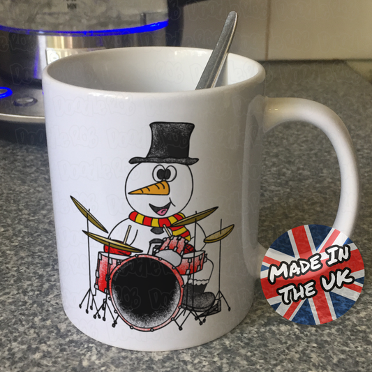 Drummer Christmas Mug - Snowman Playing Drums - Drum Teacher Xmas Gift