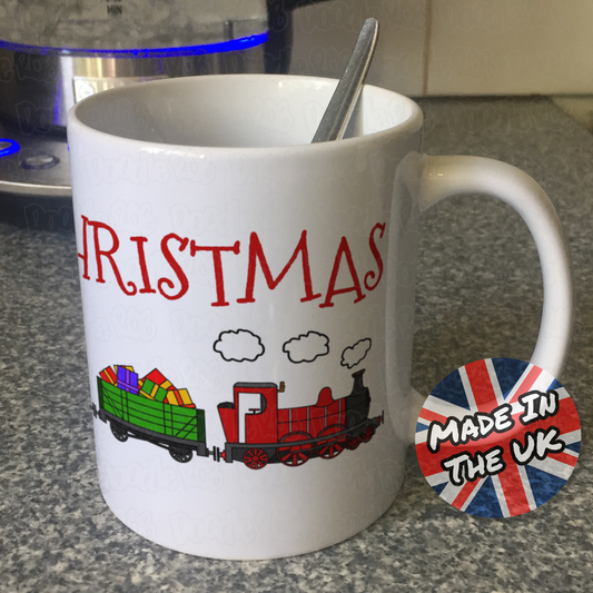 Train Christmas Mug - Steam Locomotive With Wagons - Xmas Gift For Him