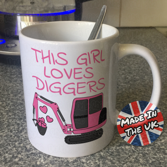 Girl's Digger Mug - This Girl Loves Diggers - Pink Digger Mug - Female Construction Worker Gift