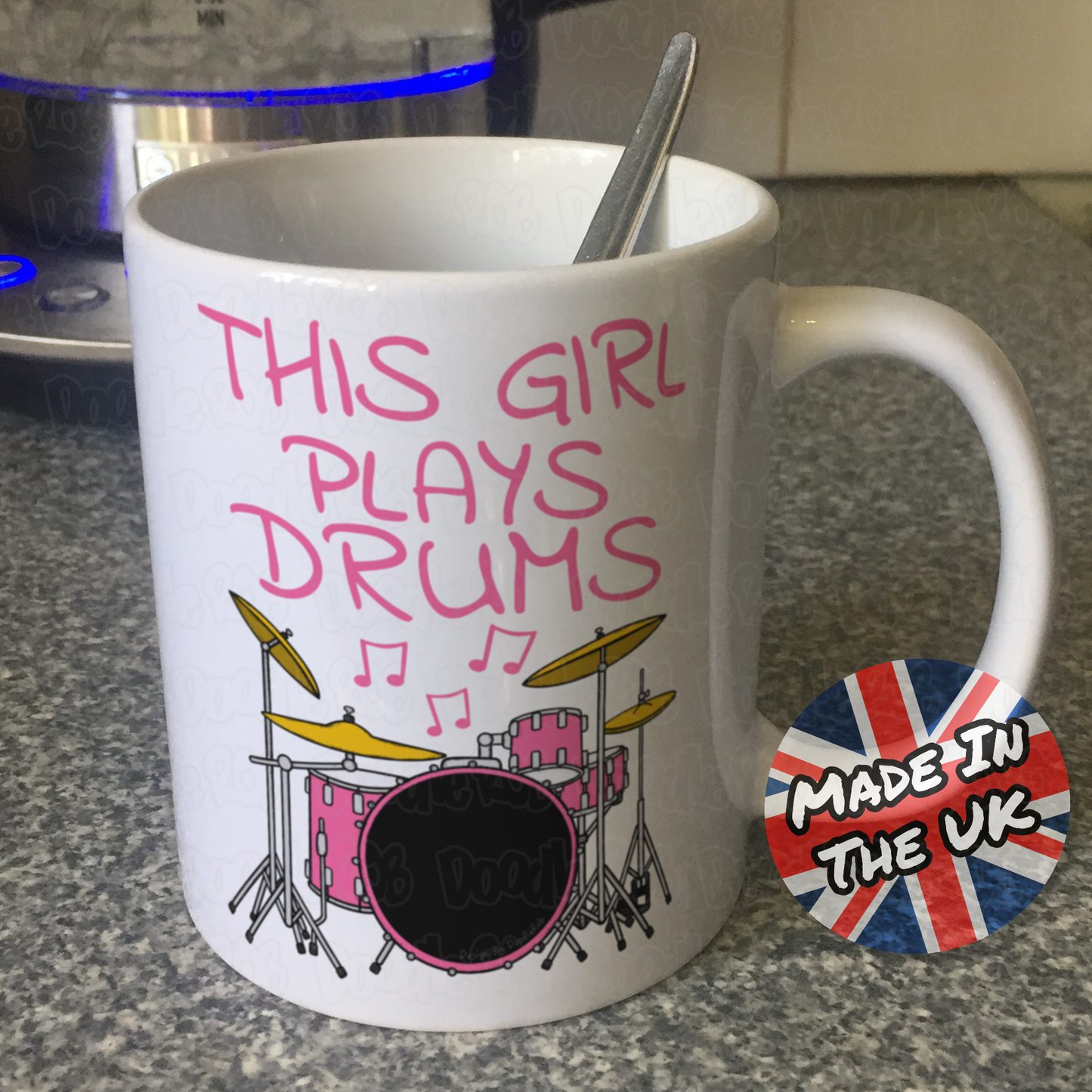 Girl's Drummer Mug - This Girl Plays Drums - Female Drummer Gift - Pink Drum Kit Gift For Girl