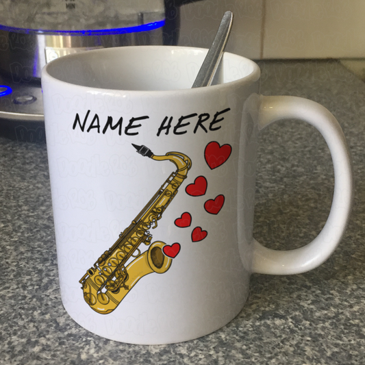 Personalised Saxophone Mug (Hearts) - Saxophonist Custom Gift - Wedding Sax Player Mug