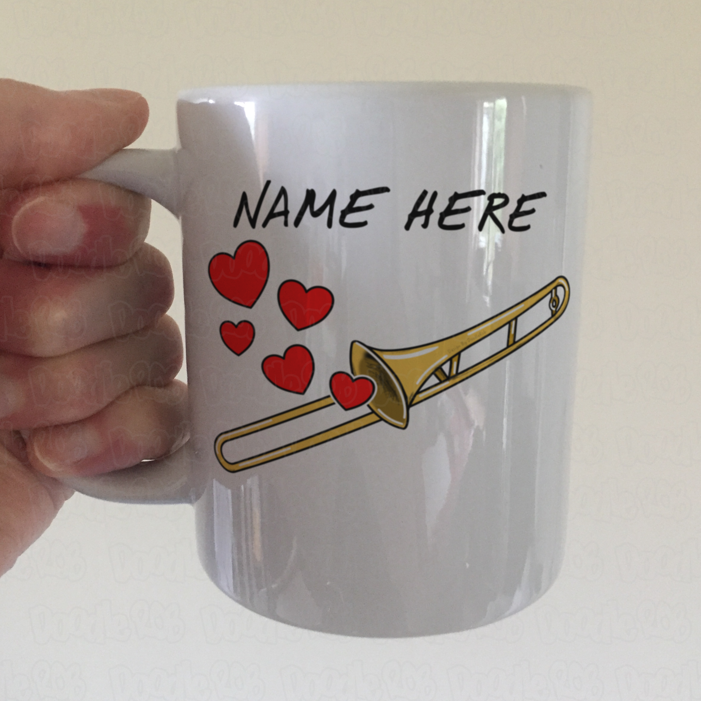 Personalised Trombone Mug (Hearts) - Trombonist Anniversary Gift - Brass Musician Custom Mug