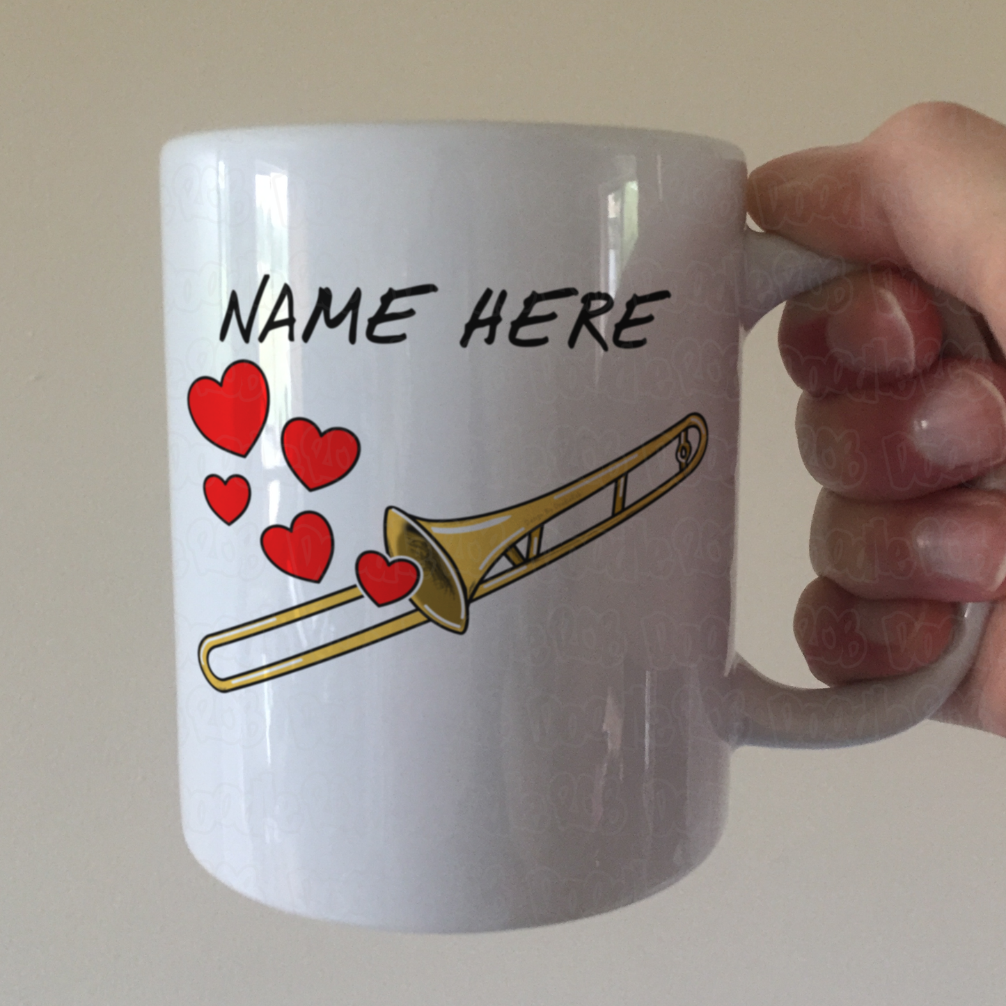 Personalised Trombone Mug (Hearts) - Trombonist Anniversary Gift - Brass Musician Custom Mug