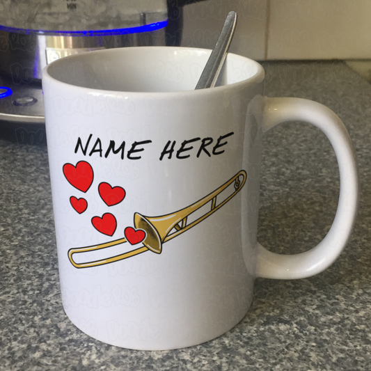 Personalised Trombone Mug (Hearts) - Trombonist Anniversary Gift - Brass Musician Custom Mug