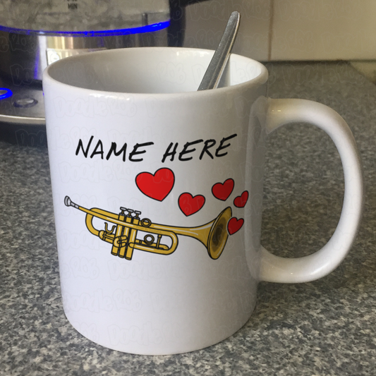 Personalised Trumpet Mug (Hearts) - Trumpeter Anniversary Gift - Brass Musician Custom Mug