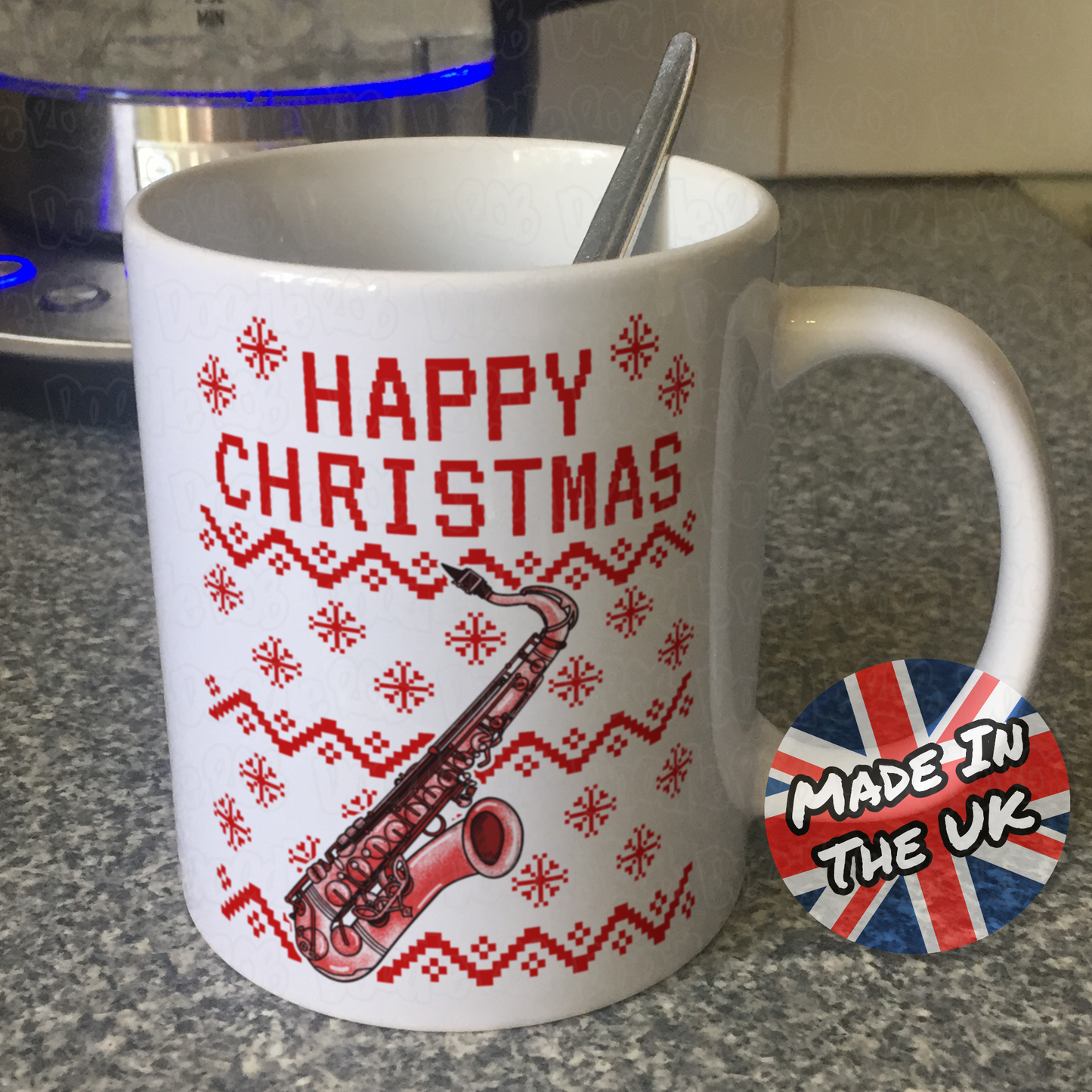 Saxophone Christmas Mug (Ugly Sweater Style) - Saxophonist Mug - Musician Xmas Gift