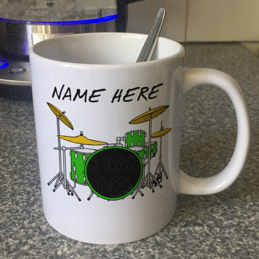 Personalised Drummer Mug (Green) - Green Drum Kit Mug - Custom Drum Teacher Gift