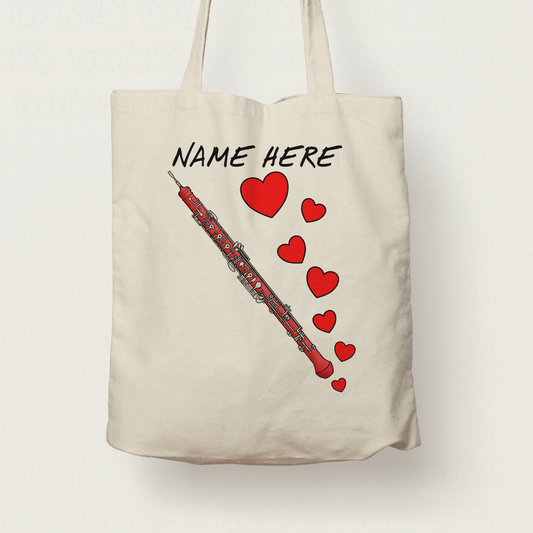 Oboe Personalised Tote Bag (Hearts) - Oboist Valentines Gift - Custom Oboe Tote Bag - Woodwind Musician Gift