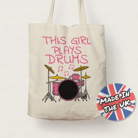 Girl's Drummer Tote Bag - This Girl Plays Drums - Female Drummer Gift - Pink Drum Kit Gift For Girl