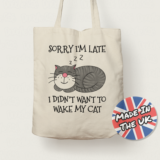 Sleeping Cat Tote Bag (Grey) - Sorry I'm Late, I Didn't Want To Wake My Cat - Funny Gift For Cat Lover